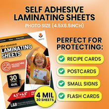 Load image into Gallery viewer, VIOLETTO Self Adhesive Laminating Sheets 4 x 6 inches, 30 Pack, 4mil Thickness, No Heat or Machine Needed, Waterproof, Self Sealing, Easy Peel and Stick, Clear Glossy Finish, Photo/Postcard Size