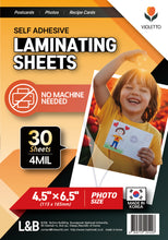 Load image into Gallery viewer, VIOLETTO Self Adhesive Laminating Sheets 4 x 6 inches, 30 Pack, 4mil Thickness, No Heat or Machine Needed, Waterproof, Self Sealing, Easy Peel and Stick, Clear Glossy Finish, Photo/Postcard Size
